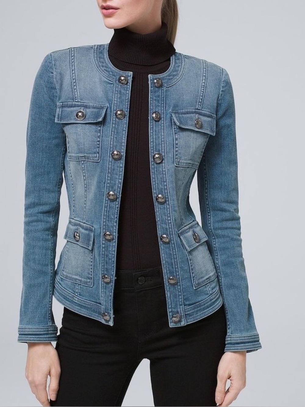 White House Black Market Denim Soft Military Band Jacket. Blue Size 8